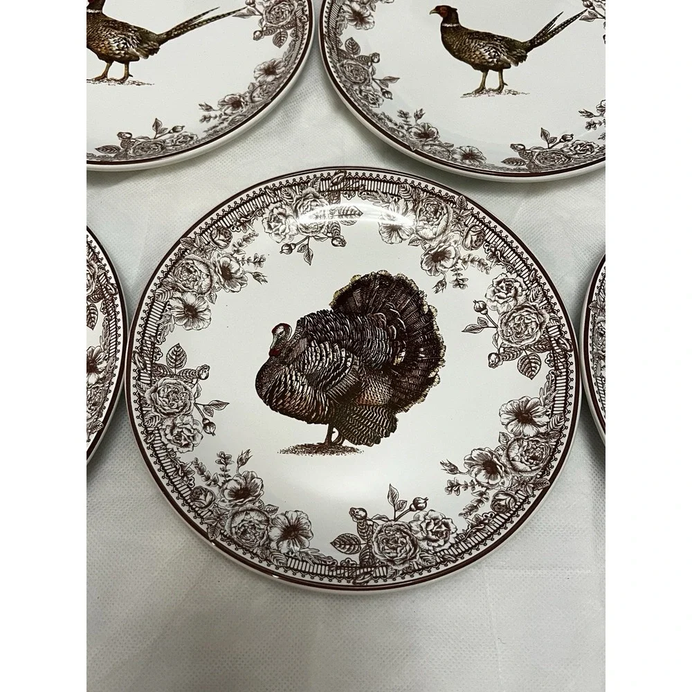 Turkey Pheasant Plates Set of 5 Floral Thanksgiving Fall Bird Country Farm Cabin